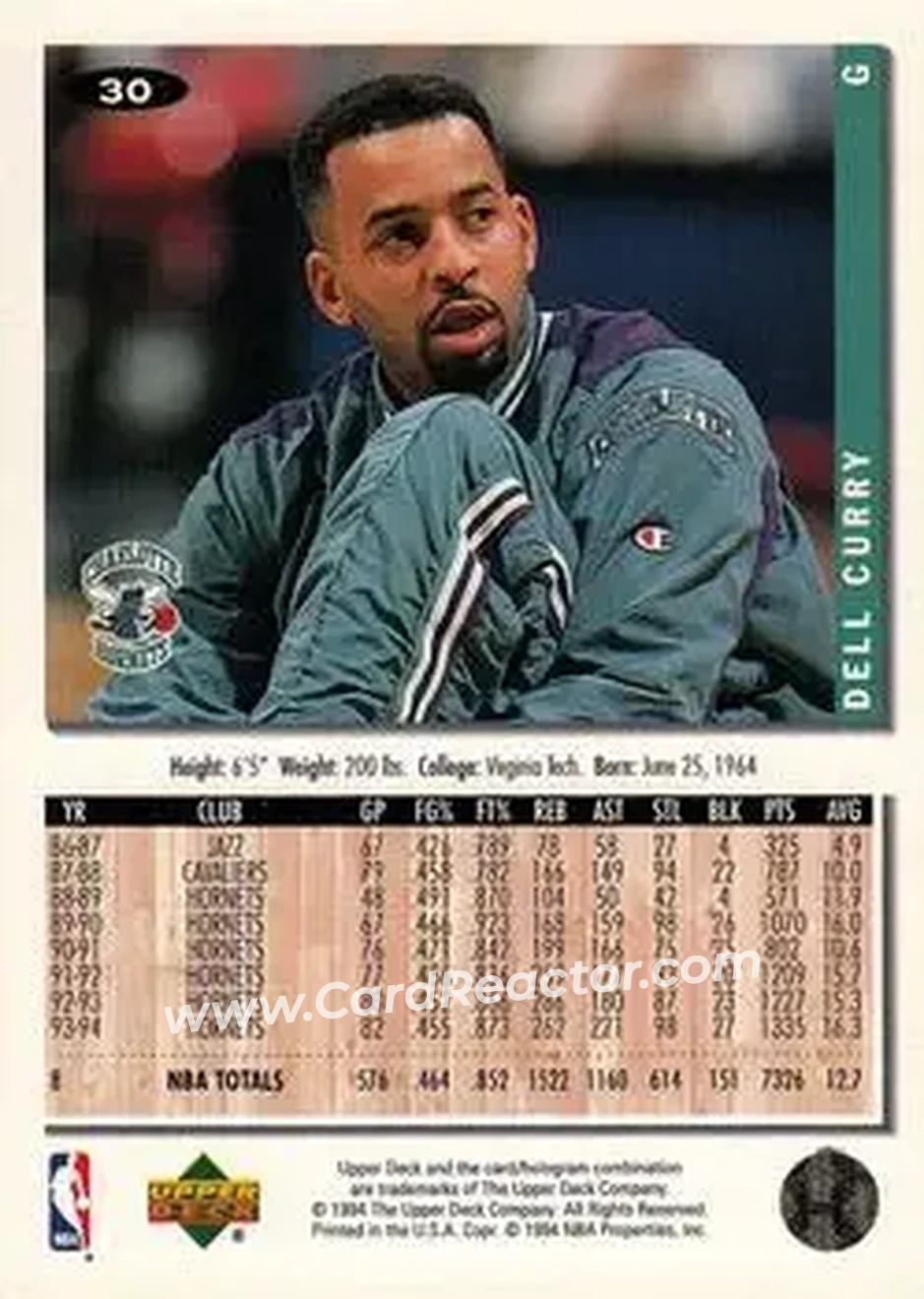 1994-95 Collector's Choice #30 - Dell Curry - Charlotte Hornets - Back 1994-95 Collector's Choice #30 - Dell Curry - Charlotte Hornets - Back