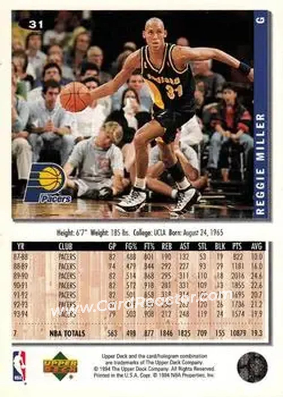 1994-95 Collector's Choice #31 - Reggie Miller - Indiana Pacers - Back 1994-95 Collector's Choice #31 - Reggie Miller - Indiana Pacers - Back