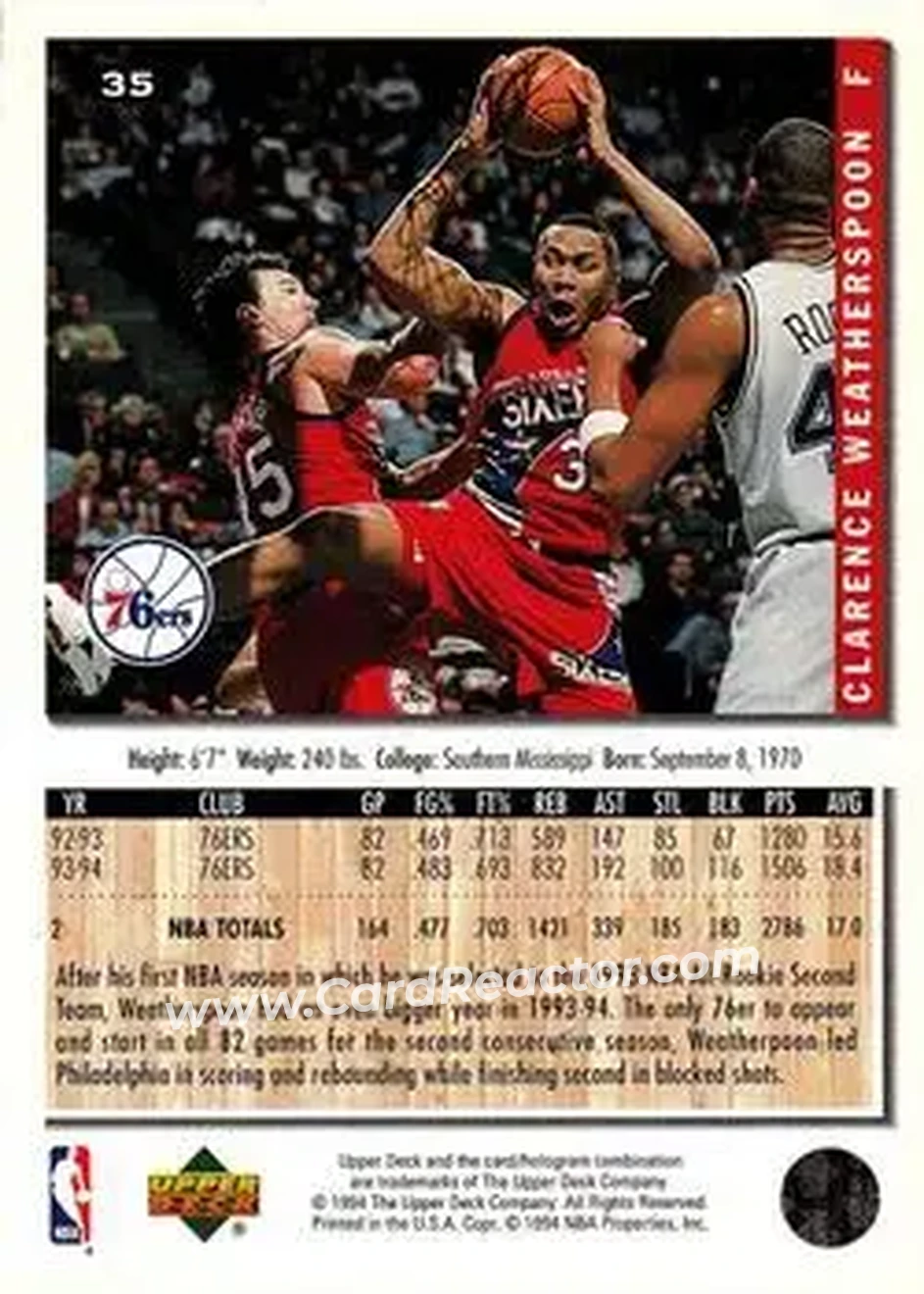 1994-95 Collector's Choice #35 - Clarence Weatherspoon - Philadelphia 76ers - Back