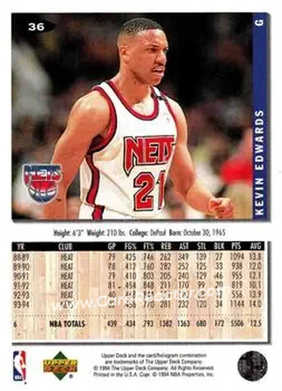 1994-95 Collector's Choice #36 - Kevin Edwards - New Jersey Nets - Back