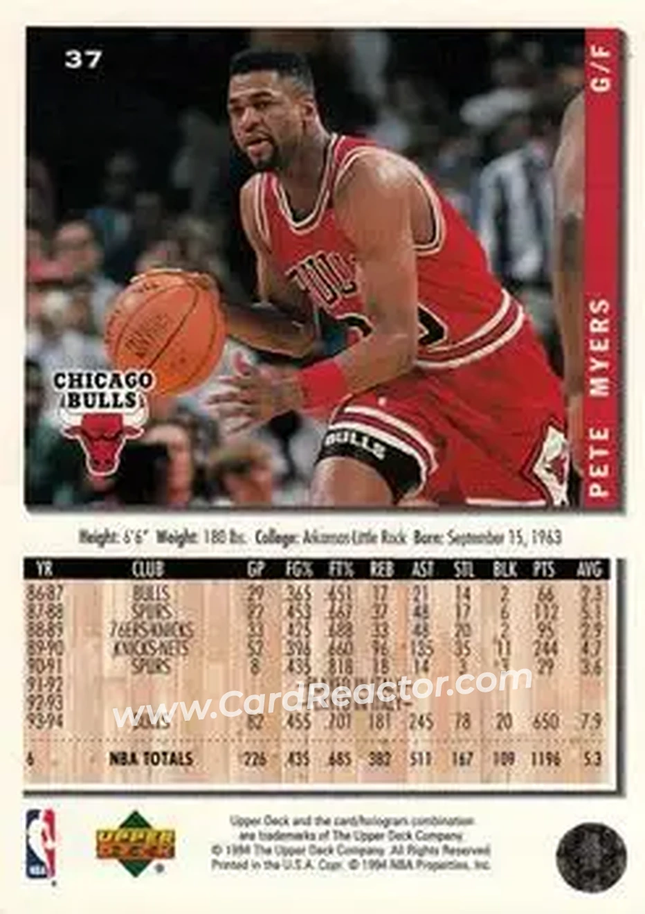 1994-95 Collector's Choice #37 - Pete Myers - Chicago Bulls - Back 1994-95 Collector's Choice #37 - Pete Myers - Chicago Bulls - Back