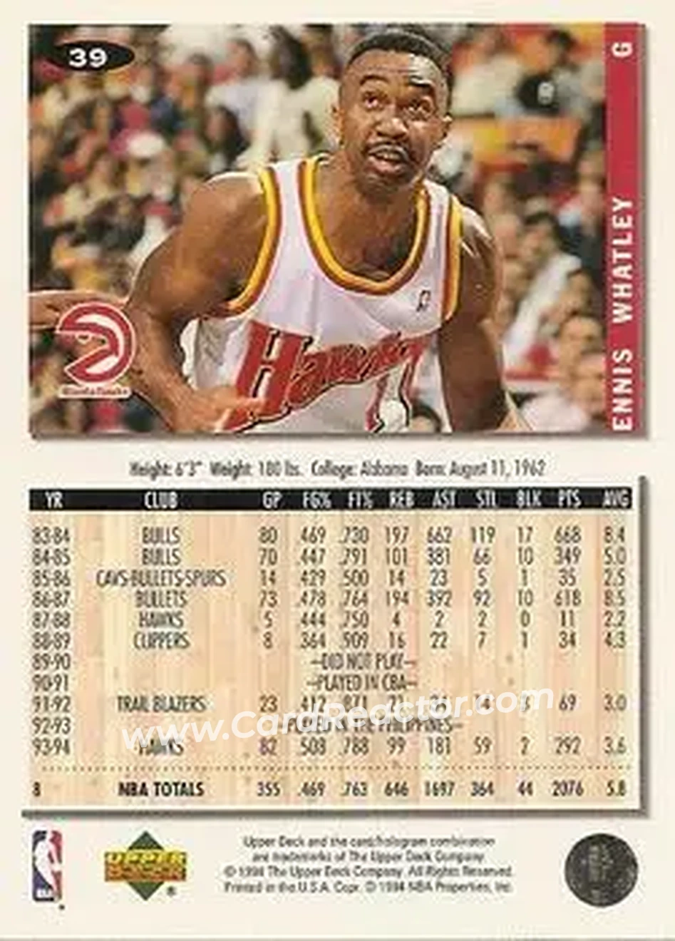 1994-95 Collector's Choice #39 - Ennis Whatley - Atlanta Hawks - Back 1994-95 Collector's Choice #39 - Ennis Whatley - Atlanta Hawks - Back