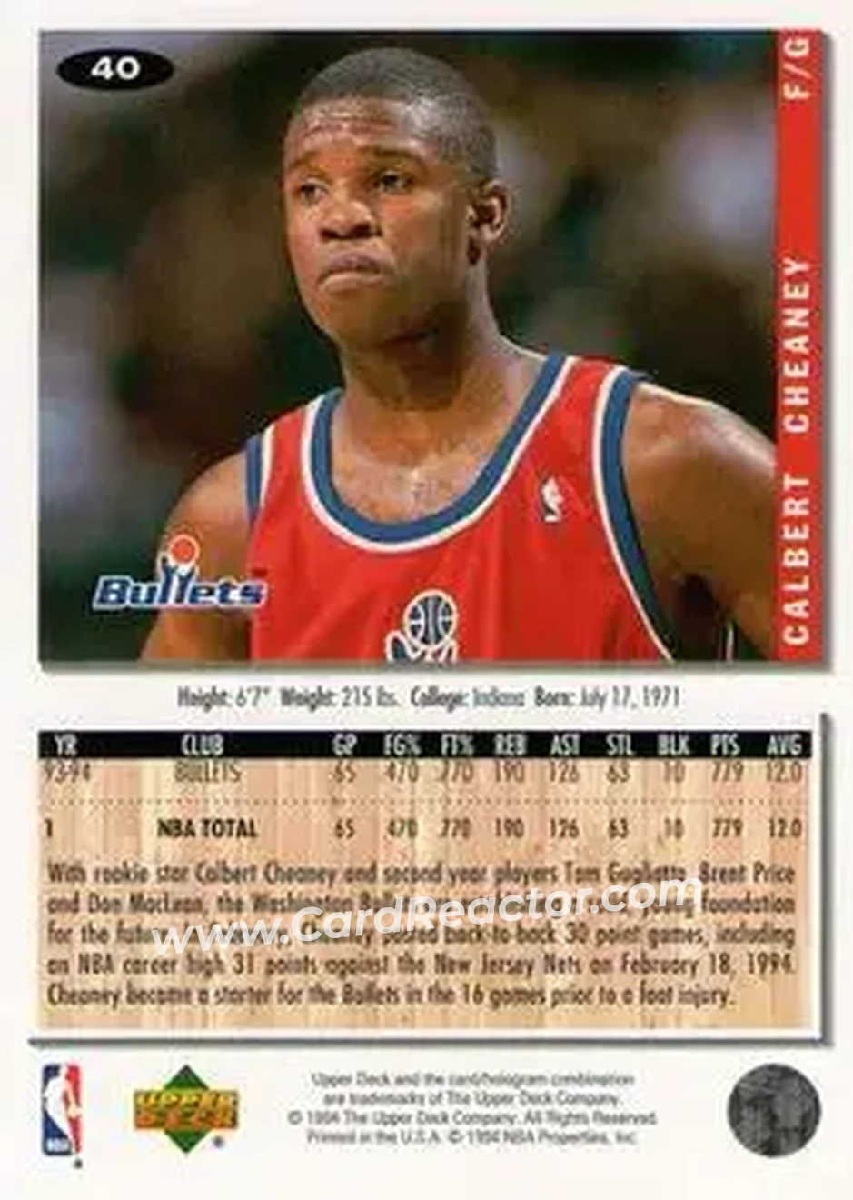1994-95 Collector's Choice #40 - Calbert Cheaney - Washington Bullets - Back