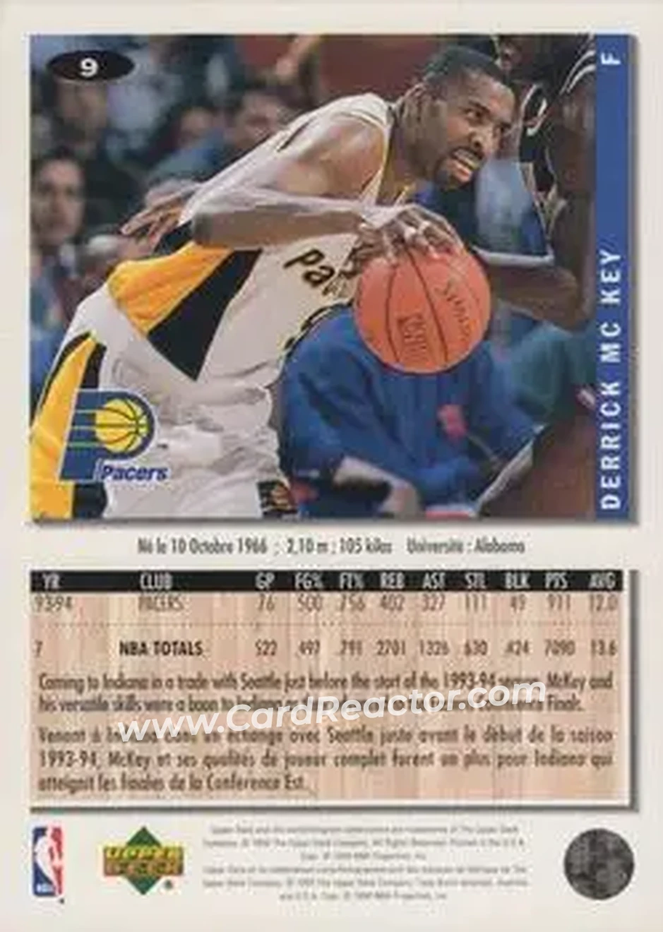 1994-95 Collector's Choice French #9 - Derrick McKey - Indiana Pacers - Back 1994-95 Collector's Choice French #9 - Derrick McKey - Indiana Pacers - Back