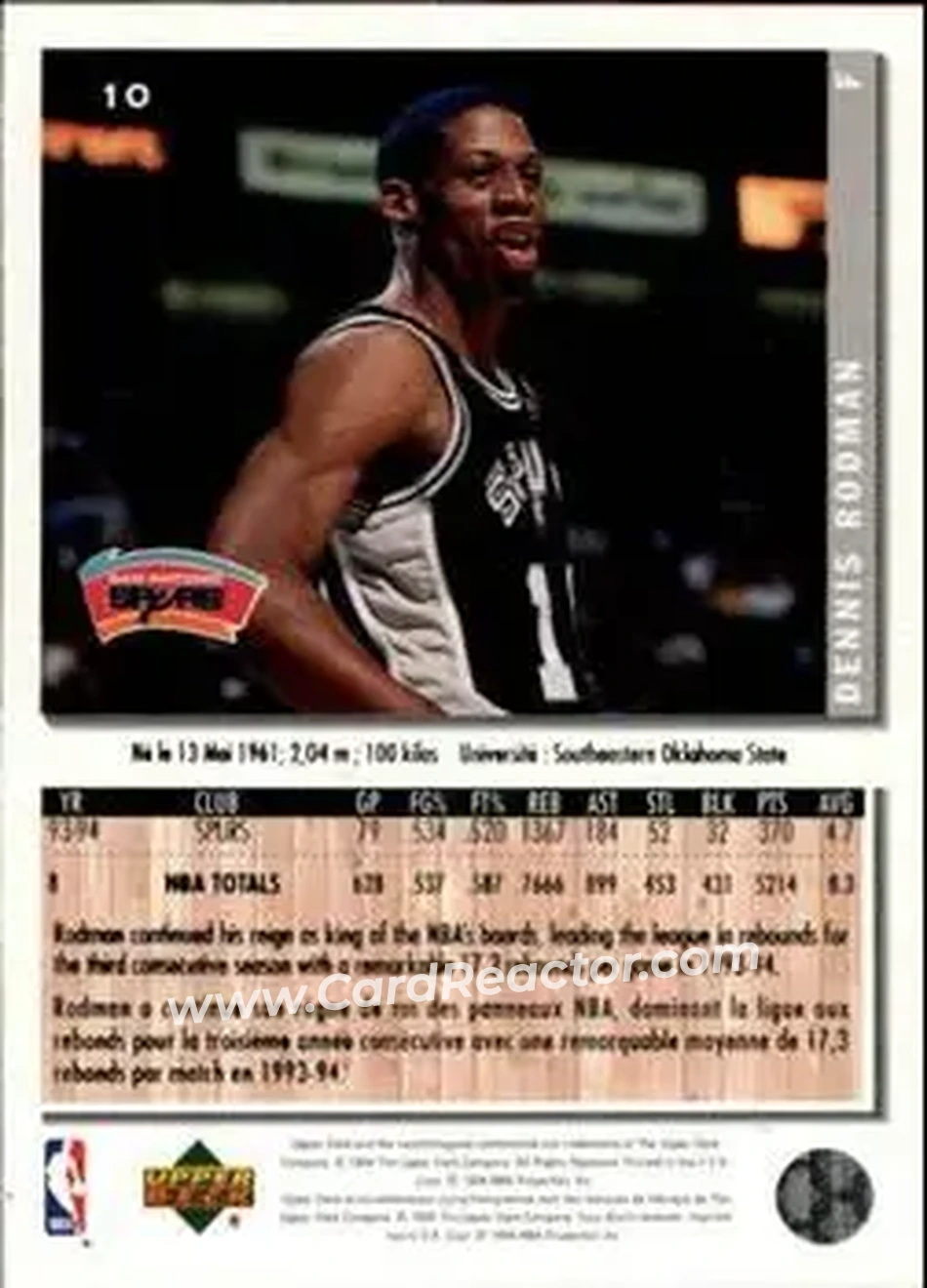 1994-95 Collector's Choice French #10 - Dennis Rodman - San Antonio Spurs - Back
