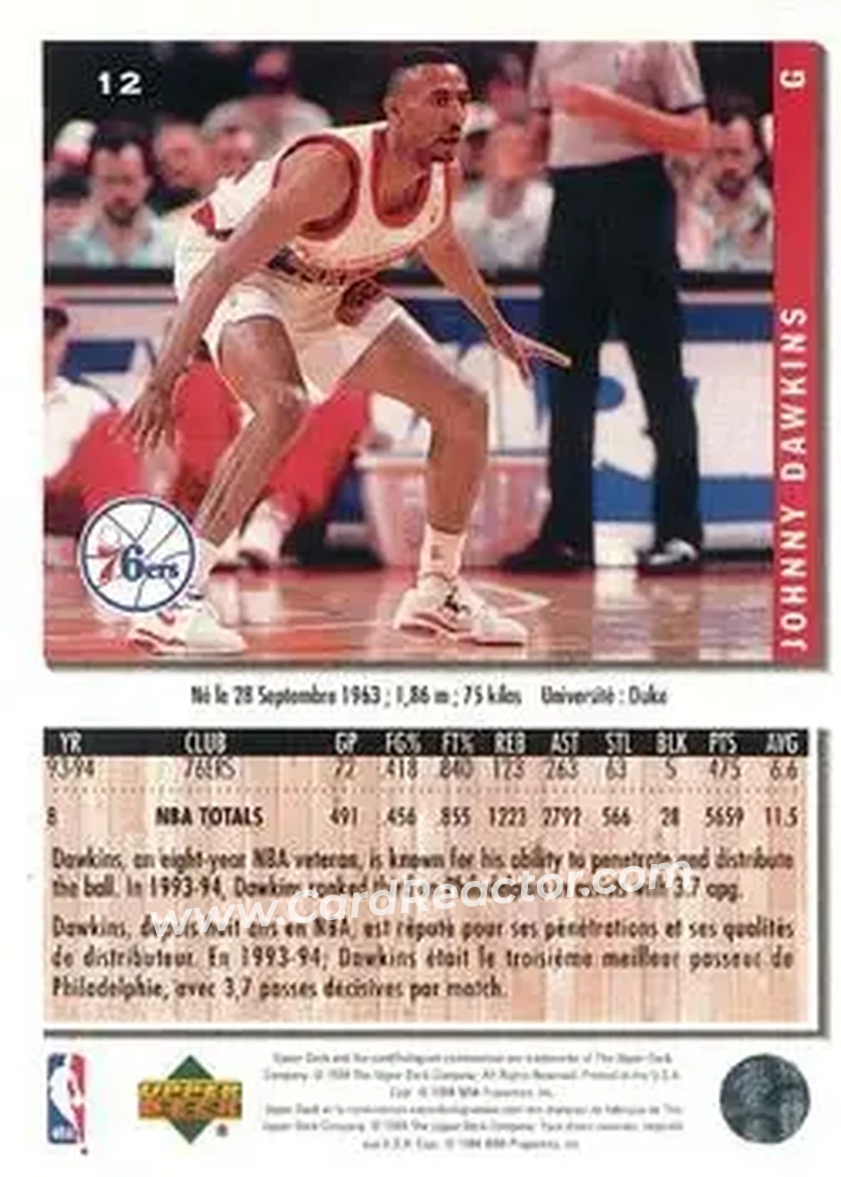 1994-95 Collector's Choice French #12 - Johnny Dawkins - Philadelphia 76ers - Back