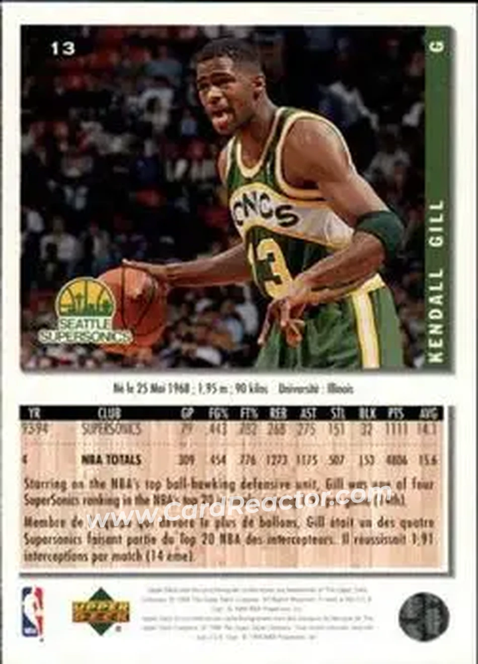 1994-95 Collector's Choice French #13 - Kendall Gill - Seattle SuperSonics - Back 1994-95 Collector's Choice French #13 - Kendall Gill - Seattle SuperSonics - Back