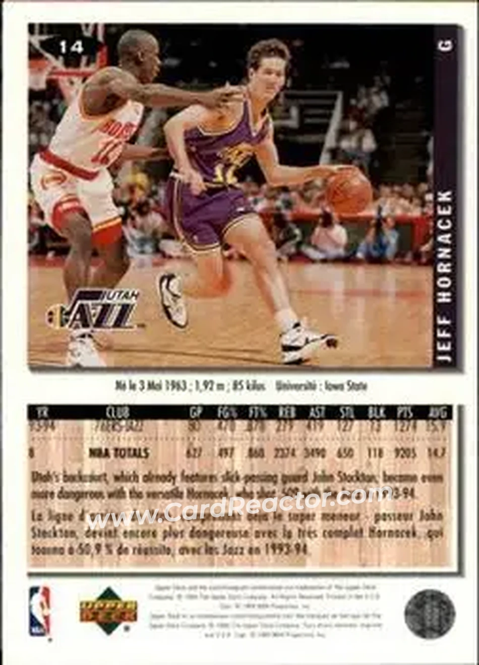 1994-95 Collector's Choice French #14 - Jeff Hornacek - Utah Jazz - Back