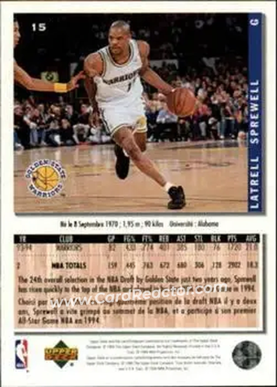 1994-95 Collector's Choice French #15 - Latrell Sprewell - Golden State Warriors - Back 1994-95 Collector's Choice French #15 - Latrell Sprewell - Golden State Warriors - Back