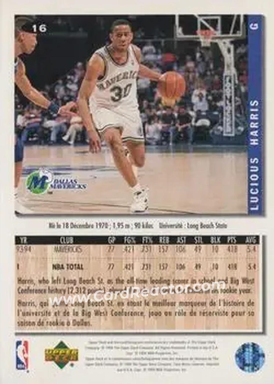 1994-95 Collector's Choice French #16 - Lucious Harris - Dallas Mavericks - Back