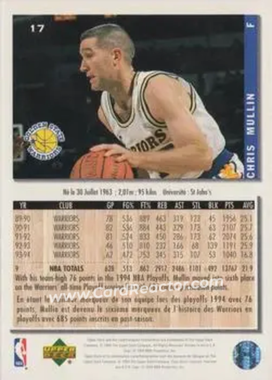 1994-95 Collector's Choice French #17 - Chris Mullin - Golden State Warriors - Back 1994-95 Collector's Choice French #17 - Chris Mullin - Golden State Warriors - Back