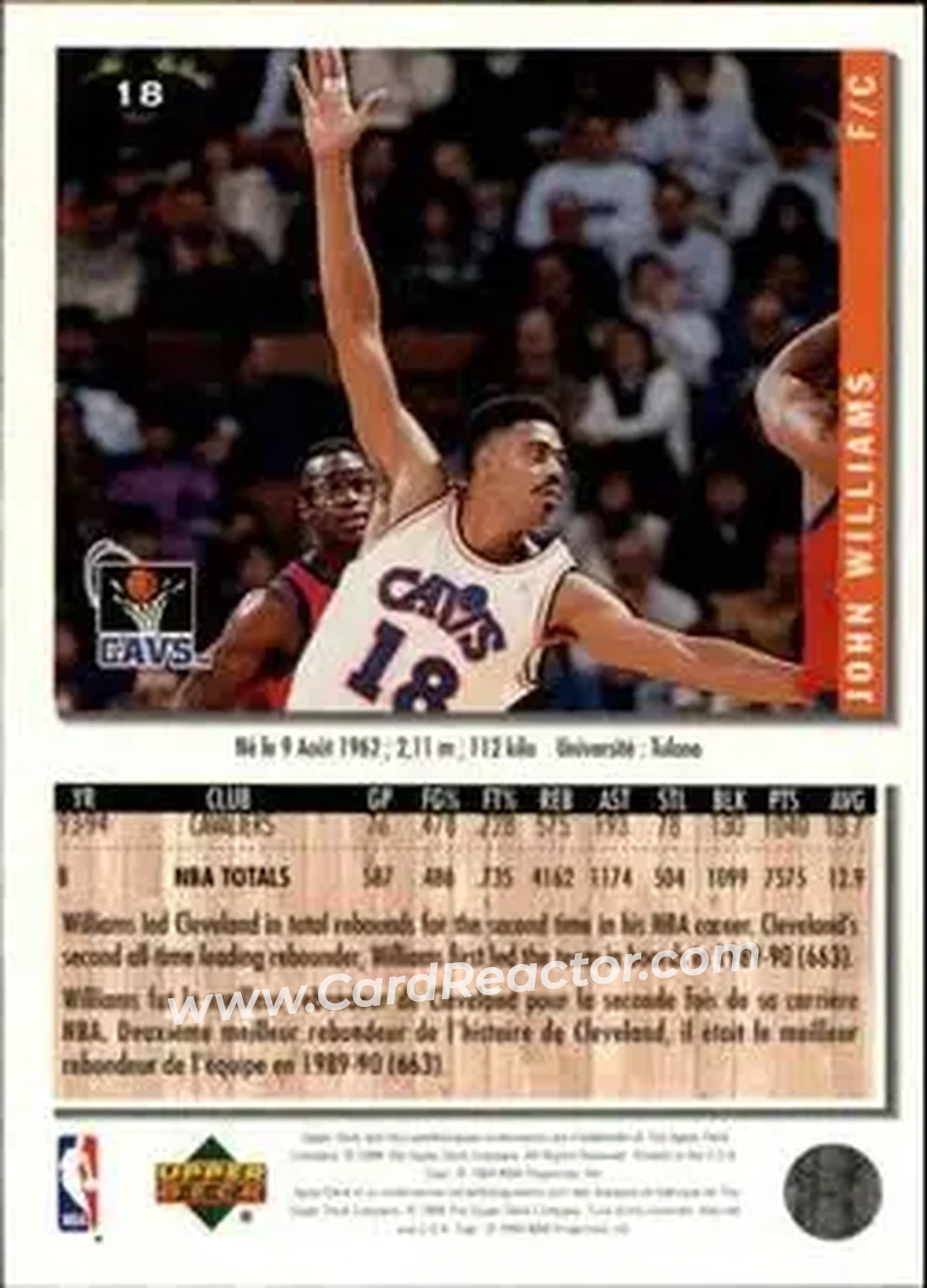 1994-95 Collector's Choice French #18 - John Williams - Cleveland Cavaliers - Back