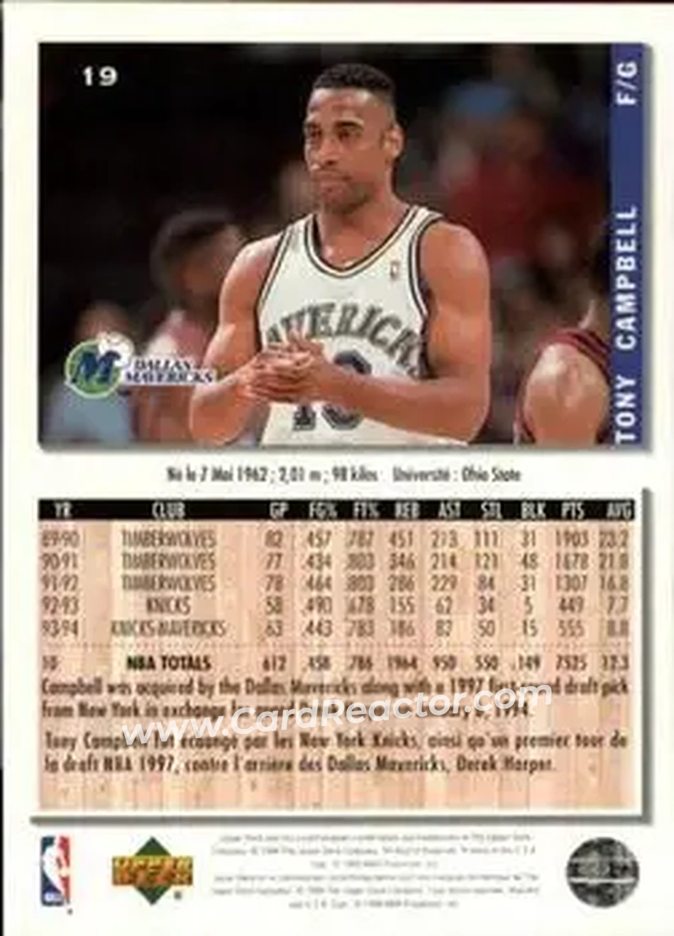 1994-95 Collector's Choice French #19 - Tony Campbell - Dallas Mavericks - Back 1994-95 Collector's Choice French #19 - Tony Campbell - Dallas Mavericks - Back