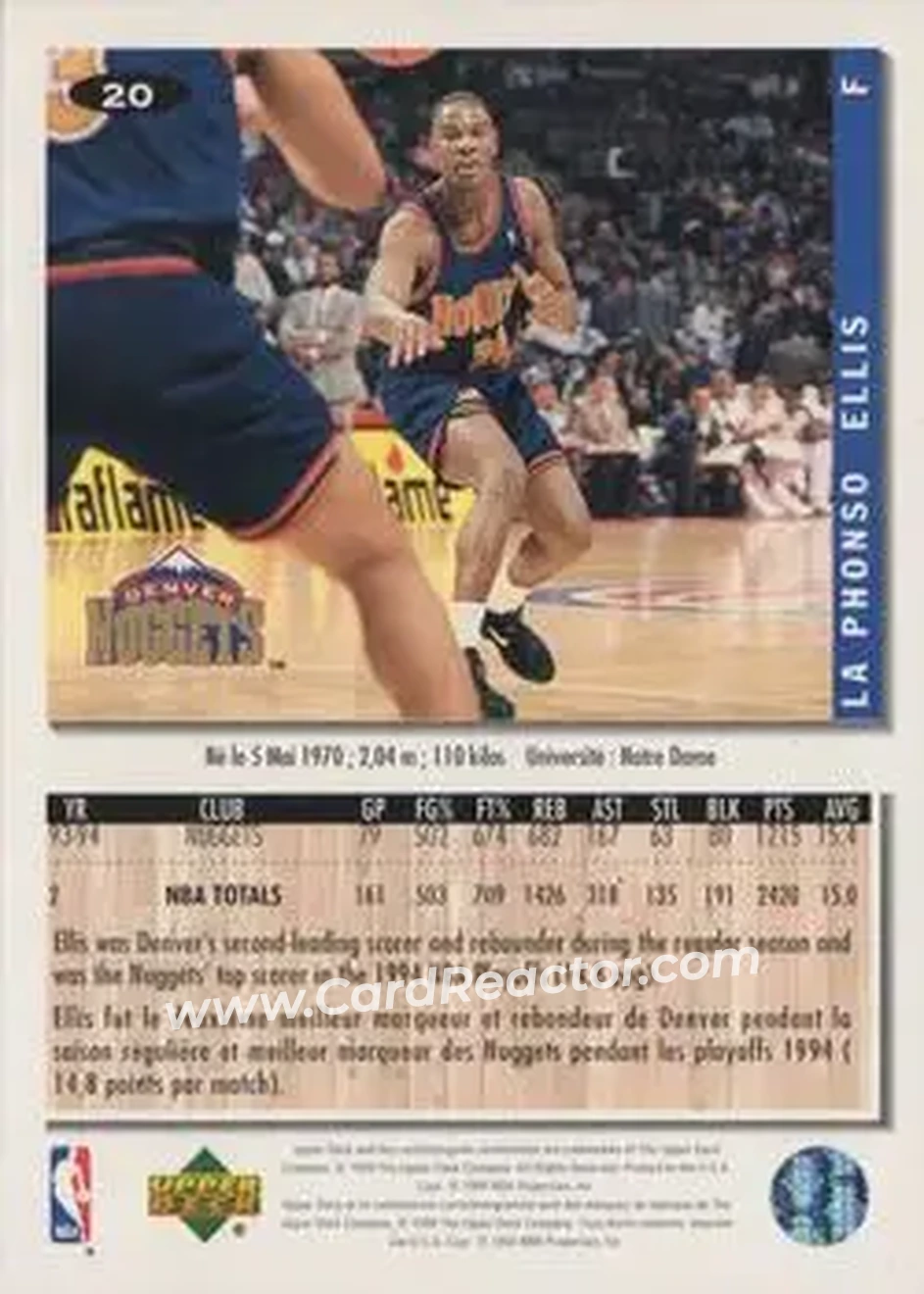 1994-95 Collector's Choice French #20 - LaPhonso Ellis - Denver Nuggets - Back 1994-95 Collector's Choice French #20 - LaPhonso Ellis - Denver Nuggets - Back