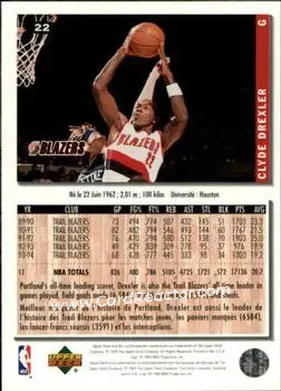 1994-95 Collector's Choice French #22 - Clyde Drexler - Portland Trail Blazers - Back