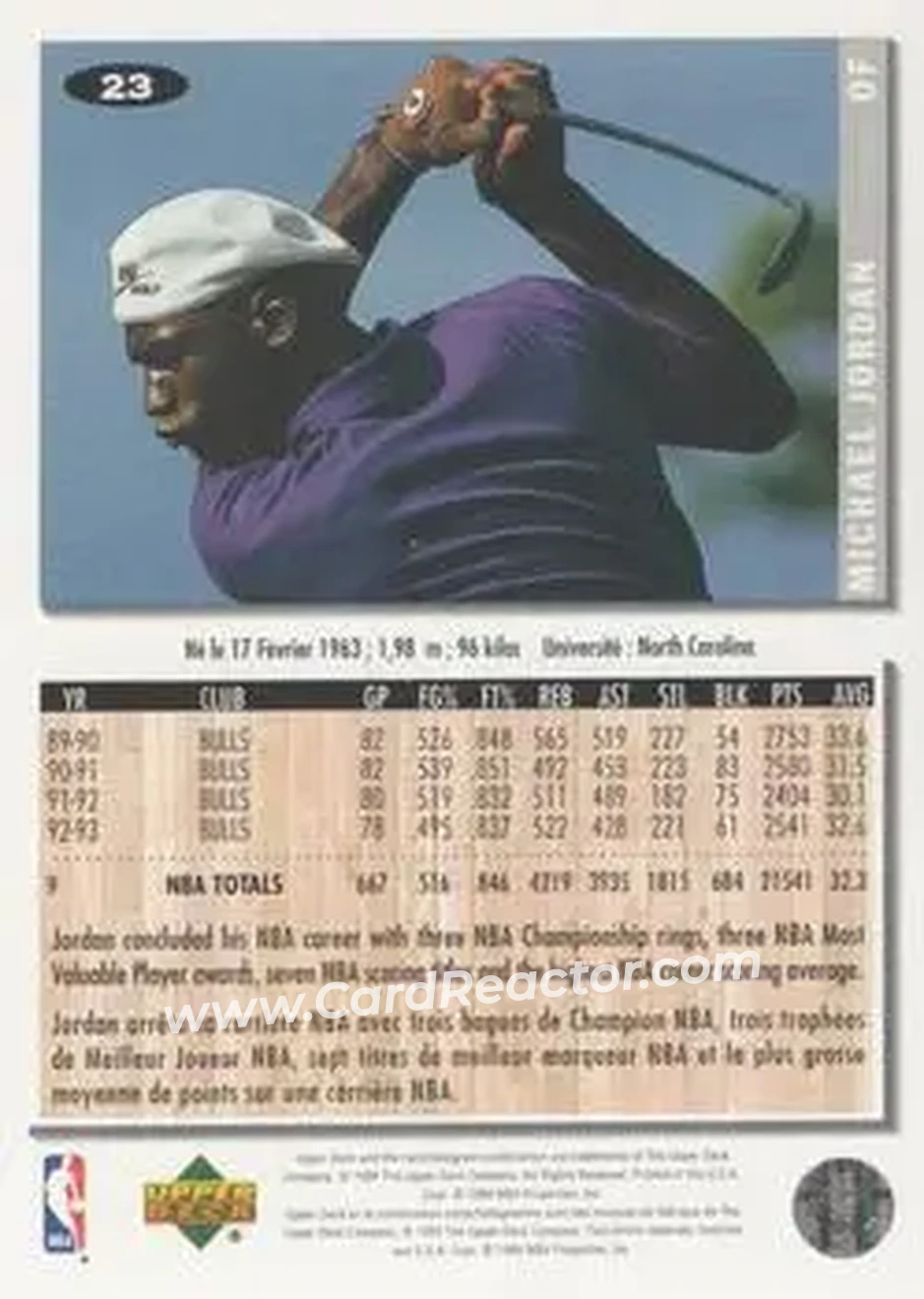 1994-95 Collector's Choice French #23 - Michael Jordan - Chicago White Sox - Back 1994-95 Collector's Choice French #23 - Michael Jordan - Chicago White Sox - Back
