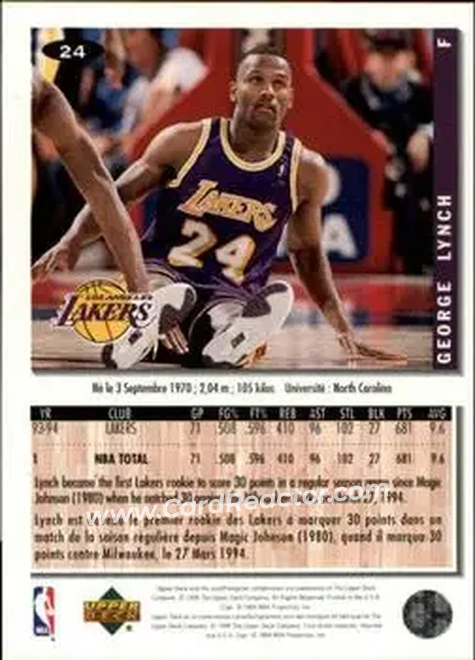 1994-95 Collector's Choice French #24 - George Lynch - Los Angeles Lakers - Back