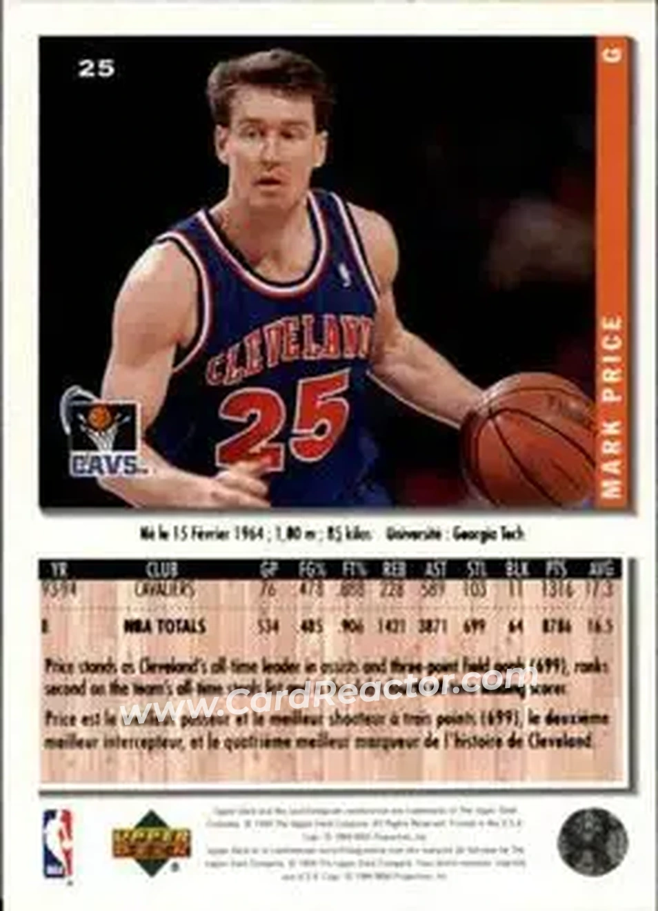 1994-95 Collector's Choice French #25 - Mark Price - Cleveland Cavaliers - Back 1994-95 Collector's Choice French #25 - Mark Price - Cleveland Cavaliers - Back