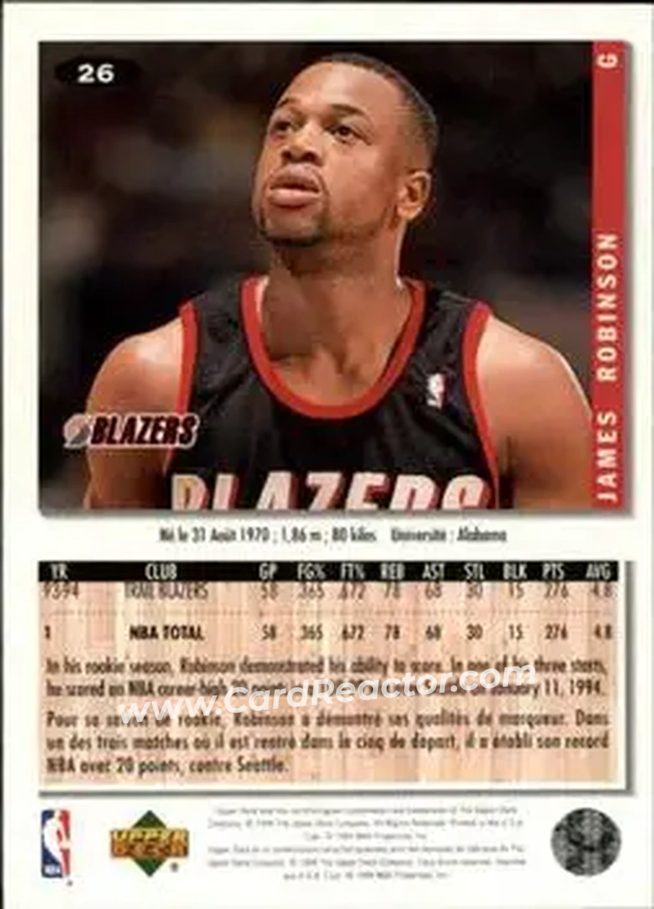 1994-95 Collector's Choice French #26 - James Robinson - Portland Trail Blazers - Back 1994-95 Collector's Choice French #26 - James Robinson - Portland Trail Blazers - Back