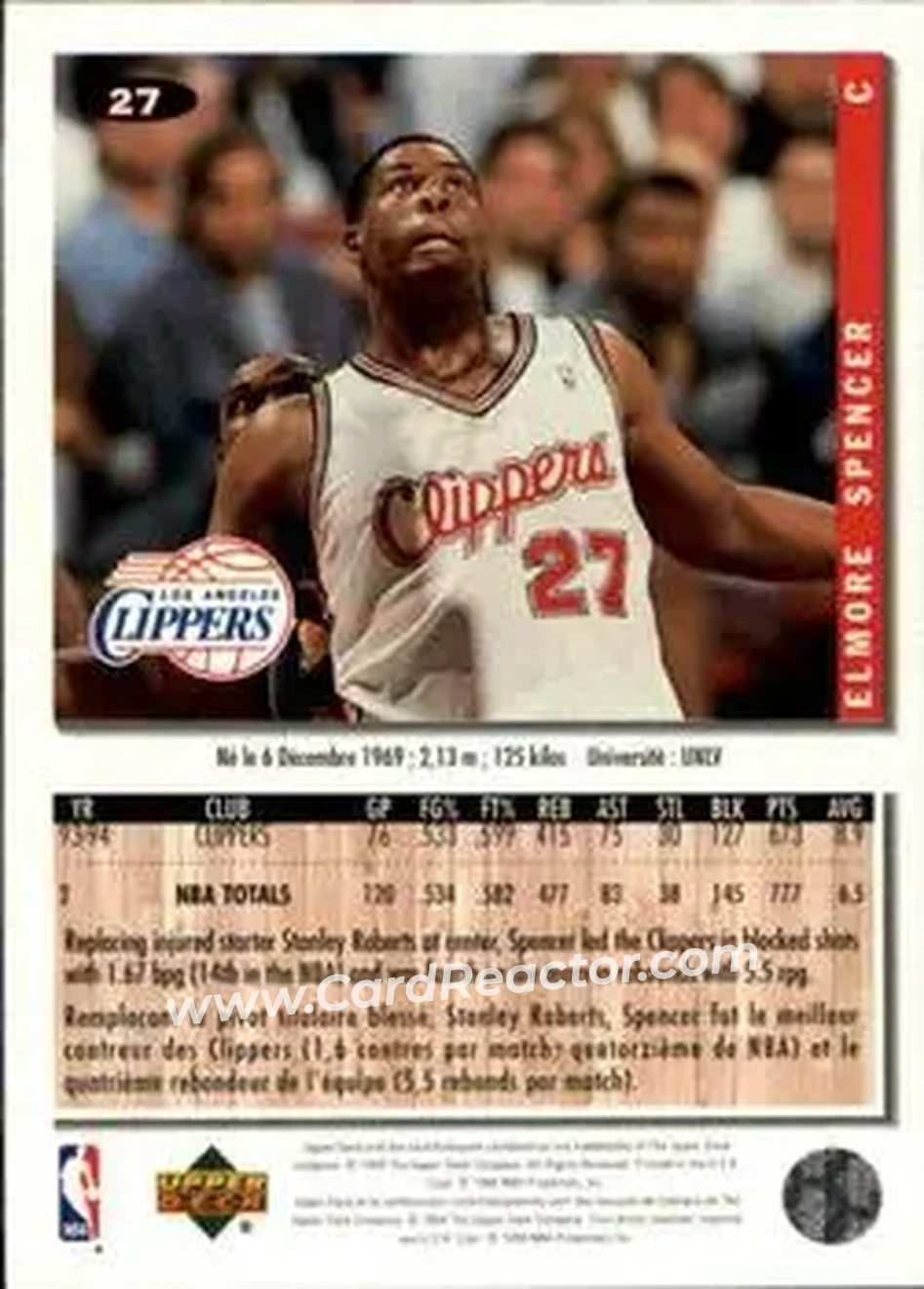 1994-95 Collector's Choice French #27 - Elmore Spencer - Los Angeles Clippers - Back 1994-95 Collector's Choice French #27 - Elmore Spencer - Los Angeles Clippers - Back