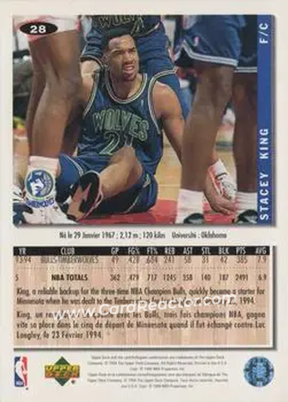 1994-95 Collector's Choice French #28 - Stacey King - Minnesota Timberwolves - Back