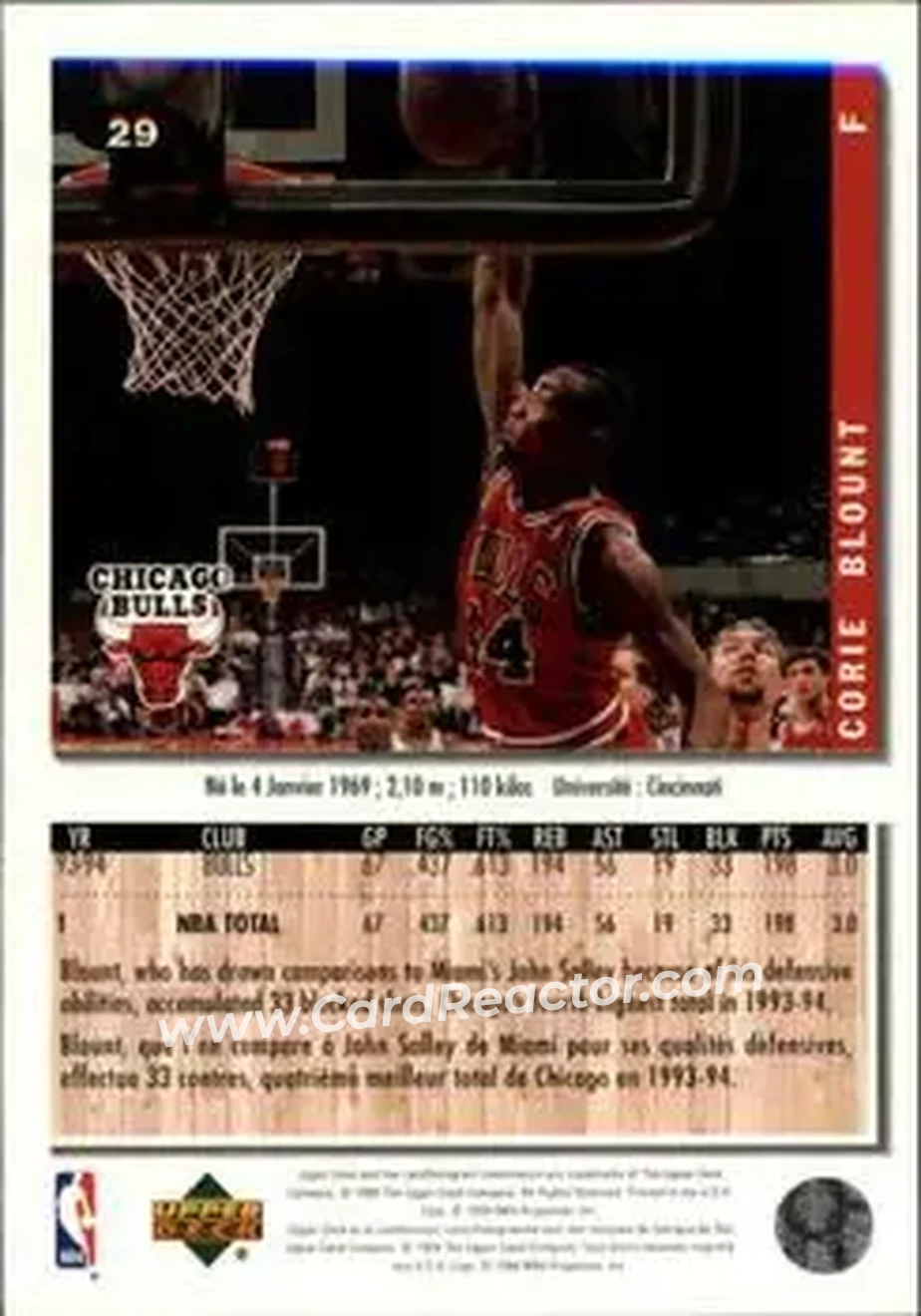 1994-95 Collector's Choice French #29 - Corie Blount - Chicago Bulls - Back 1994-95 Collector's Choice French #29 - Corie Blount - Chicago Bulls - Back