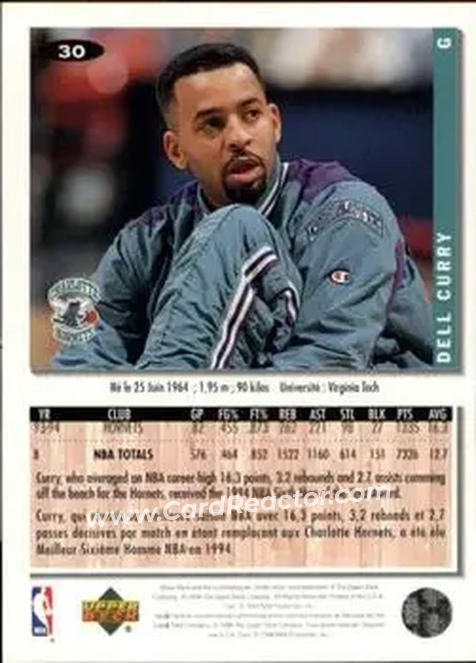 1994-95 Collector's Choice French #30 - Dell Curry - Charlotte Hornets - Back