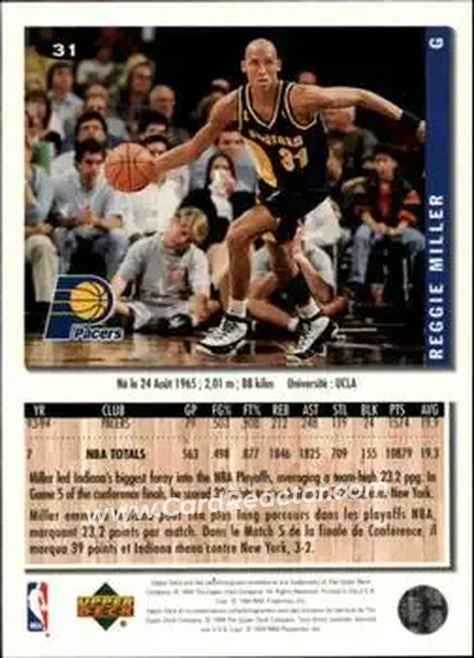 1994-95 Collector's Choice French #31 - Reggie Miller - Indiana Pacers - Back