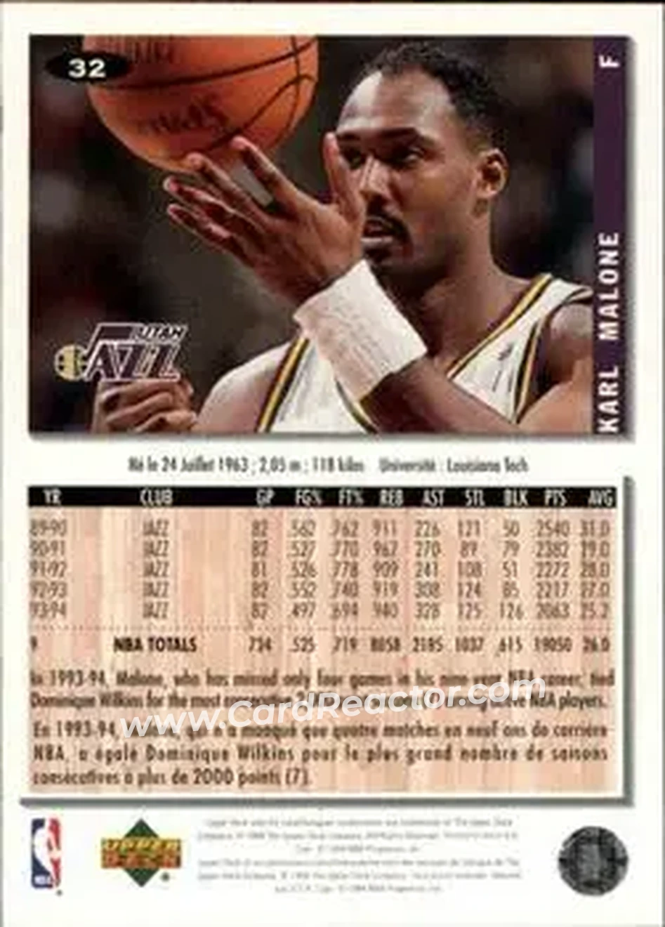 1994-95 Collector's Choice French #32 - Karl Malone - Utah Jazz - Back