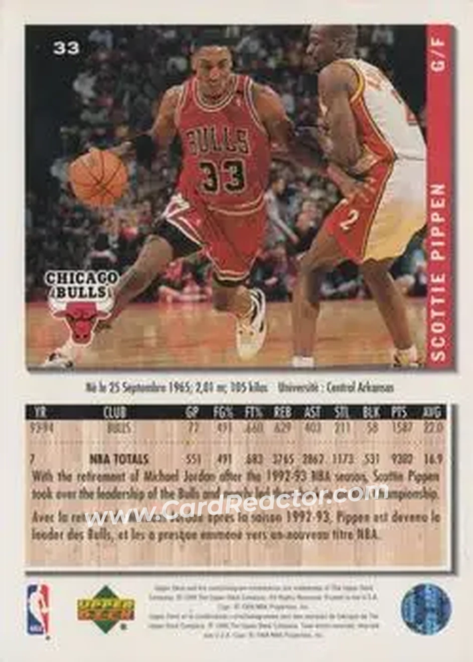 1994-95 Collector's Choice French #33 - Scottie Pippen - Chicago Bulls - Back