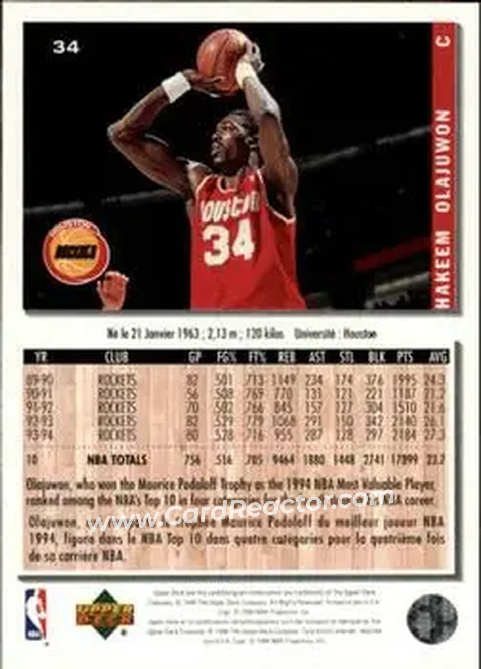 1994-95 Collector's Choice French #34 - Hakeem Olajuwon - Houston Rockets - Back 1994-95 Collector's Choice French #34 - Hakeem Olajuwon - Houston Rockets - Back