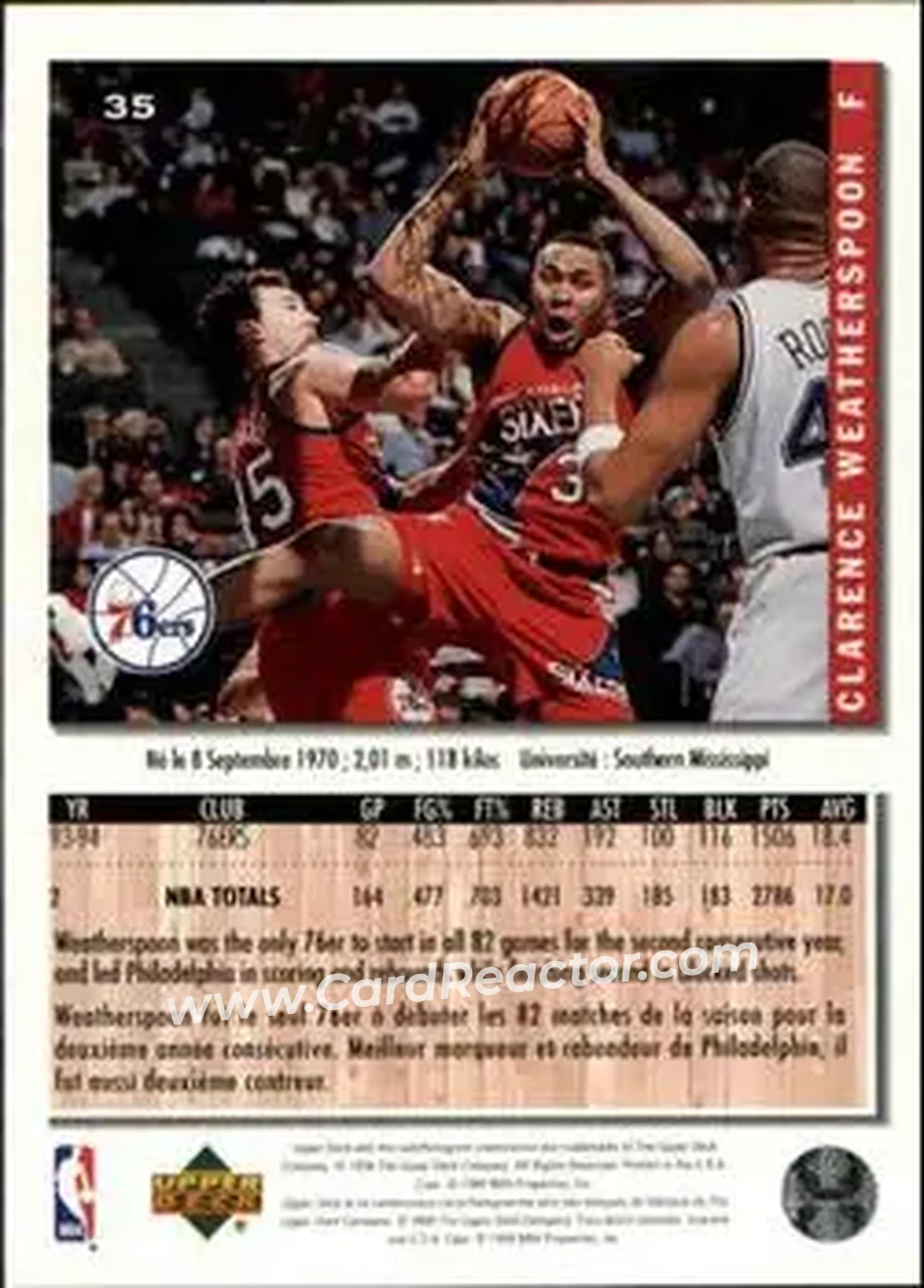 1994-95 Collector's Choice French #35 - Clarence Weatherspoon - Philadelphia 76ers - Back 1994-95 Collector's Choice French #35 - Clarence Weatherspoon - Philadelphia 76ers - Back