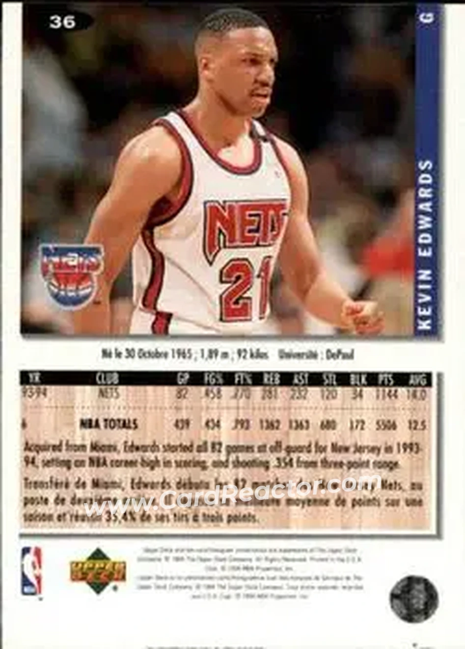 1994-95 Collector's Choice French #36 - Kevin Edwards - New Jersey Nets - Back