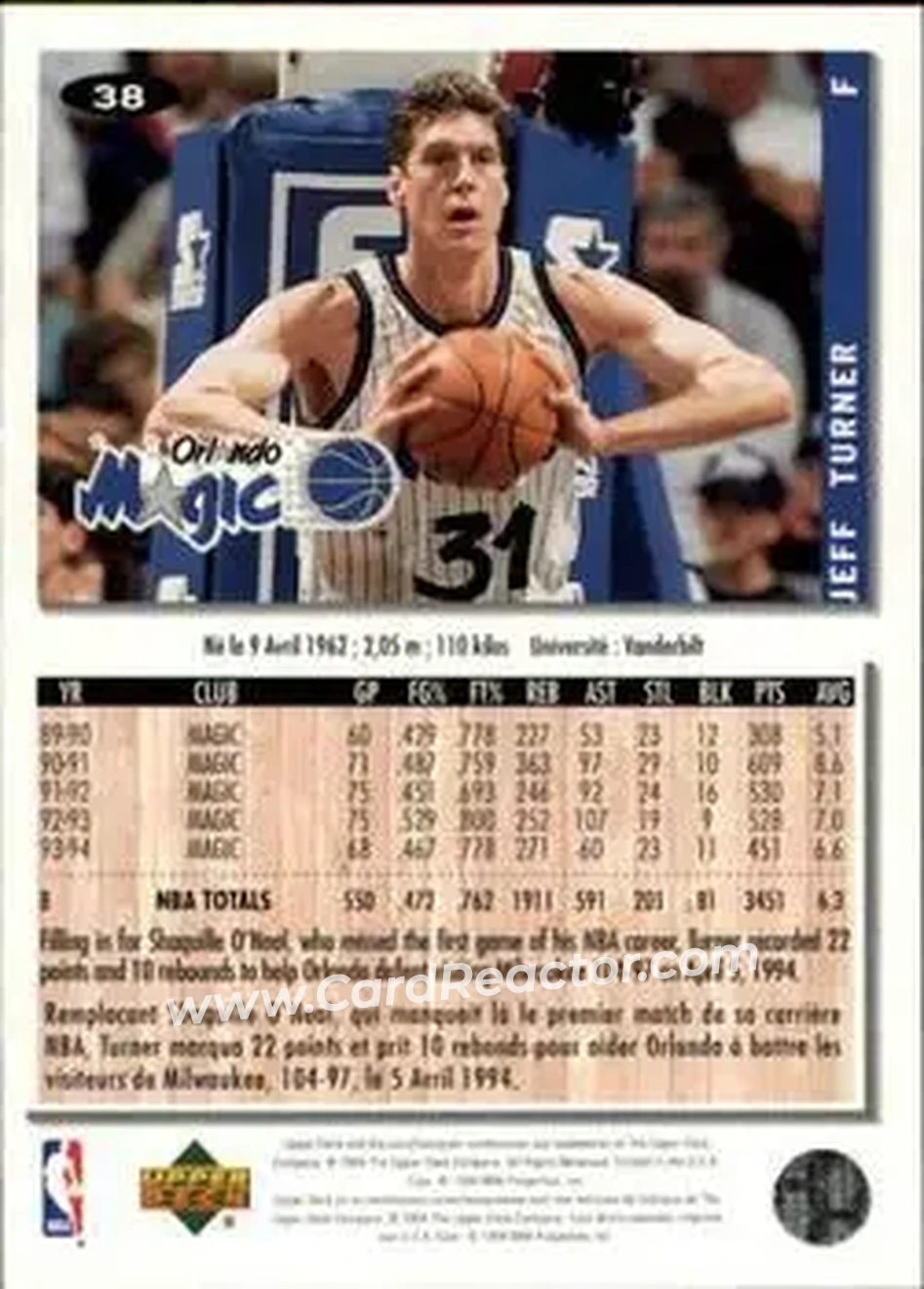 1994-95 Collector's Choice French #38 - Jeff Turner - Orlando Magic - Back 1994-95 Collector's Choice French #38 - Jeff Turner - Orlando Magic - Back