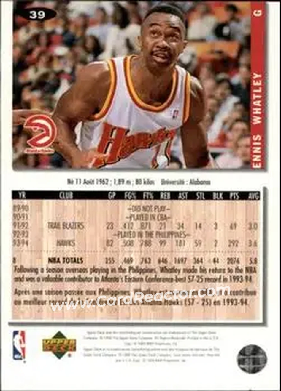 1994-95 Collector's Choice French #39 - Ennis Whatley - Atlanta Hawks - Back