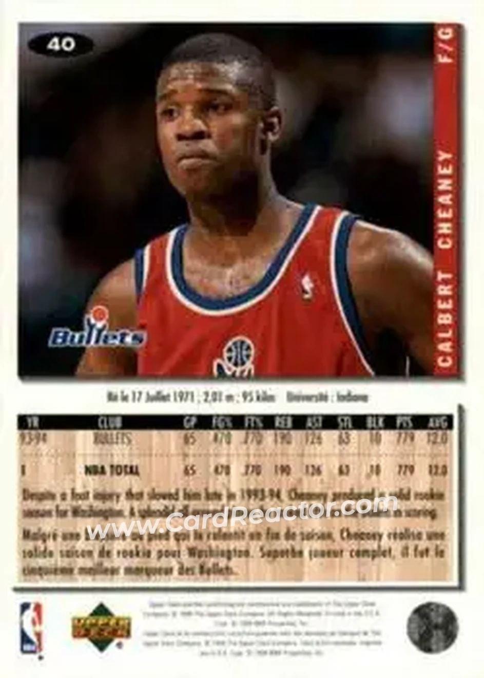 1994-95 Collector's Choice French #40 - Calbert Cheaney - Washington Bullets - Back
