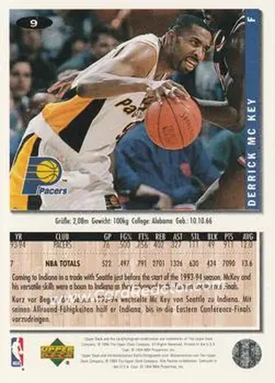 1994-95 Collector's Choice German #9 - Derrick McKey - Indiana Pacers - Back 1994-95 Collector's Choice German #9 - Derrick McKey - Indiana Pacers - Back