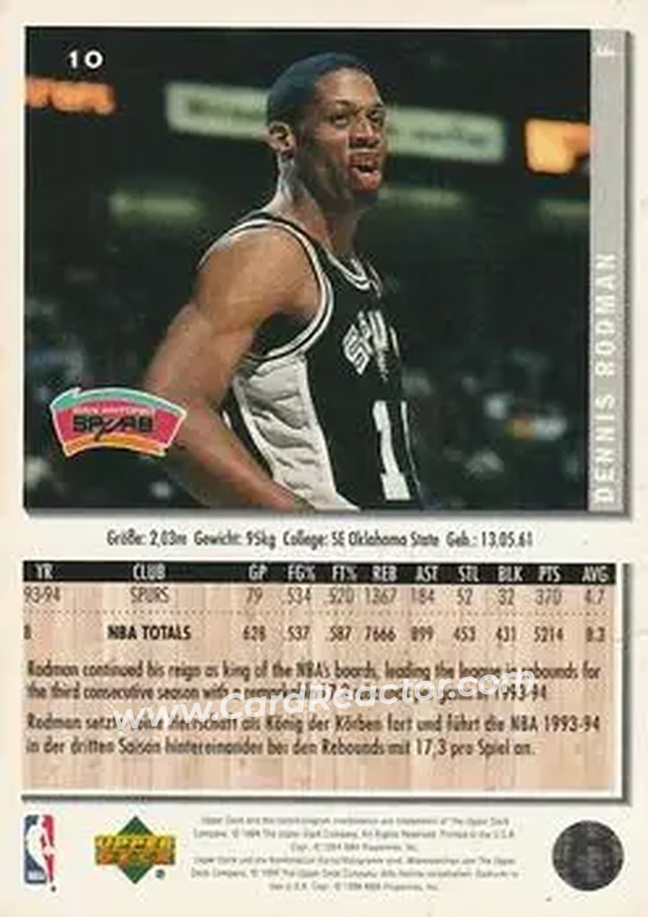 1994-95 Collector's Choice German #10 - Dennis Rodman - San Antonio Spurs - Back
