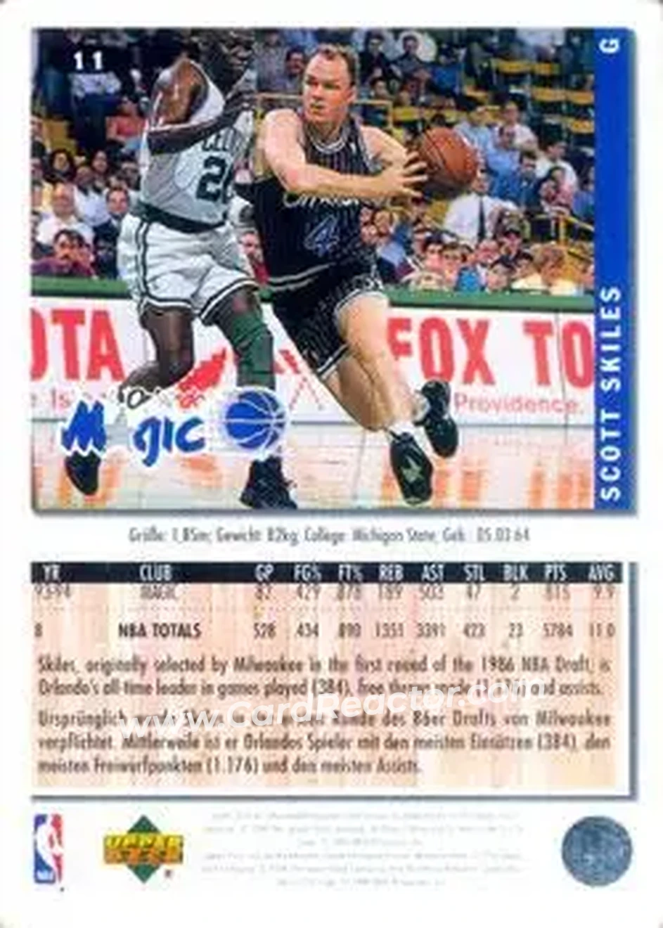 1994-95 Collector's Choice German #11 - Scott Skiles - Orlando Magic - Back