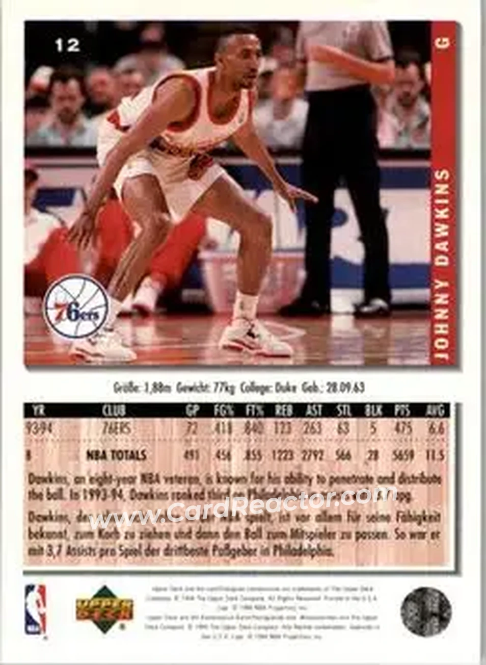 1994-95 Collector's Choice German #12 - Johnny Dawkins - Philadelphia 76ers - Back