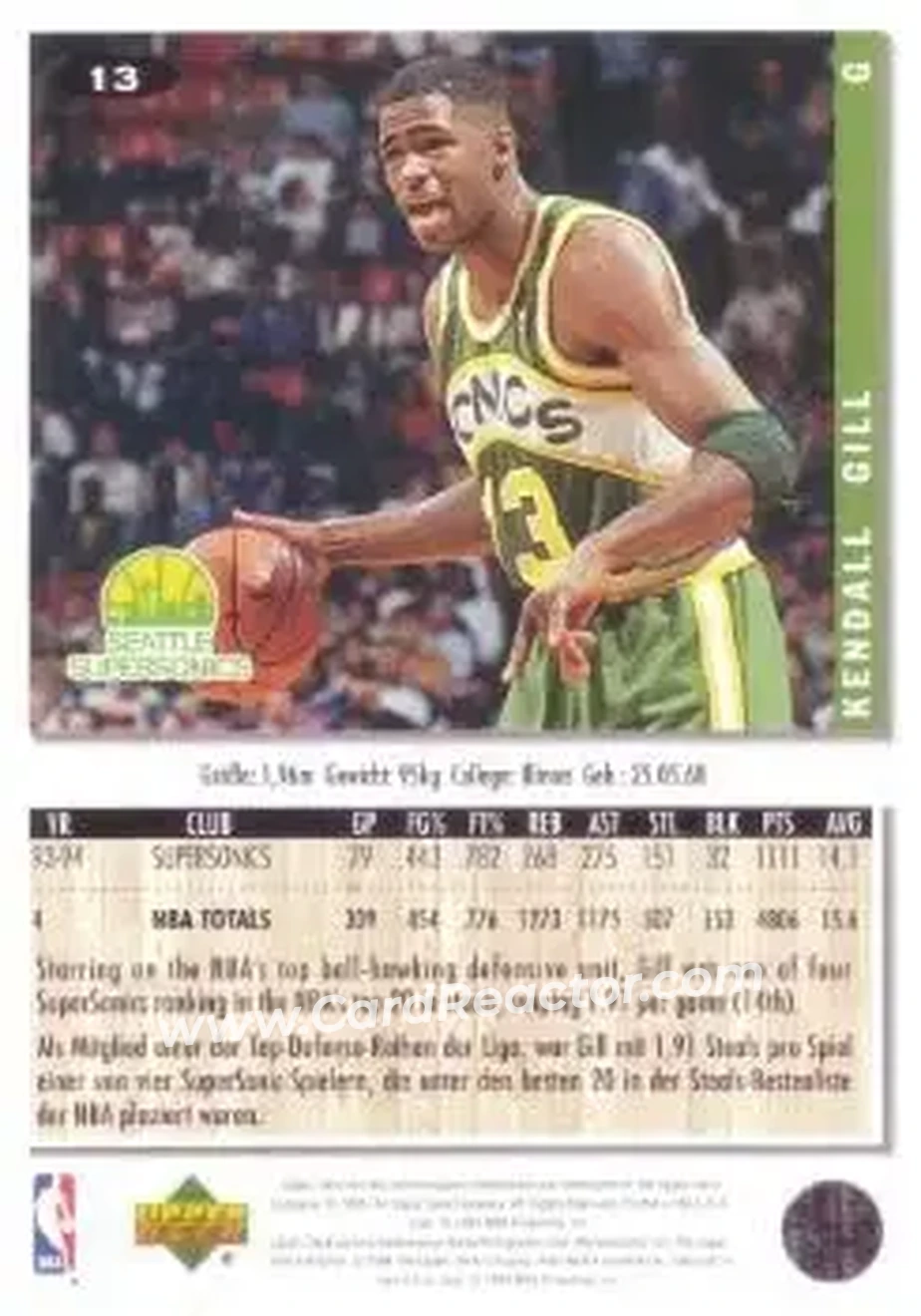 1994-95 Collector's Choice German #13 - Kendall Gill - Seattle SuperSonics - Back