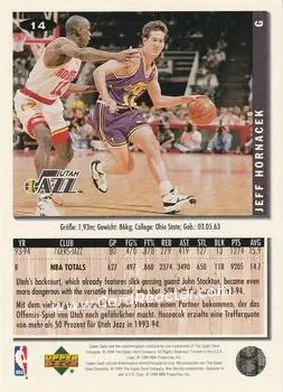 1994-95 Collector's Choice German #14 - Jeff Hornacek - Utah Jazz - Back