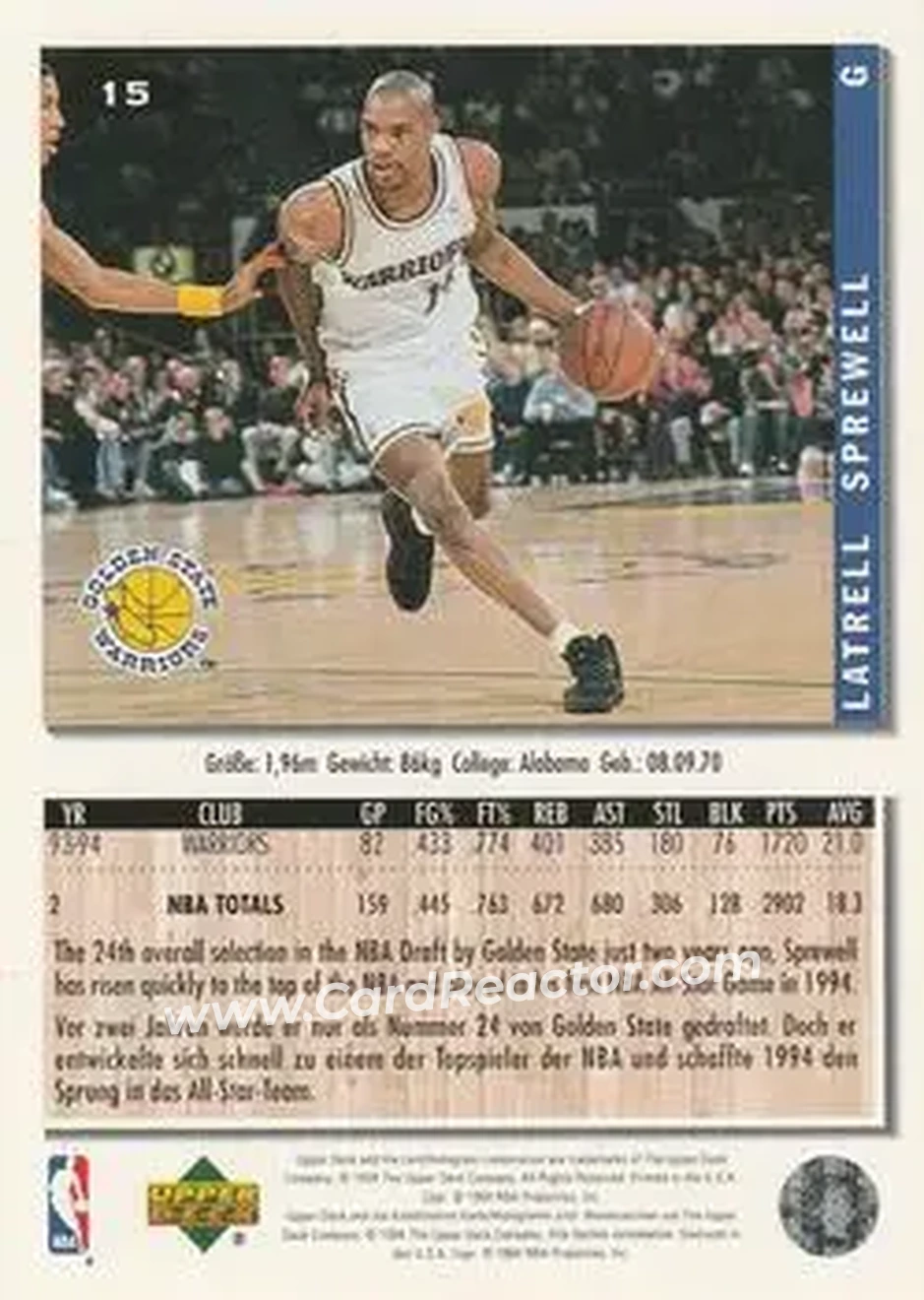 1994-95 Collector's Choice German #15 - Latrell Sprewell - Golden State Warriors - Back 1994-95 Collector's Choice German #15 - Latrell Sprewell - Golden State Warriors - Back