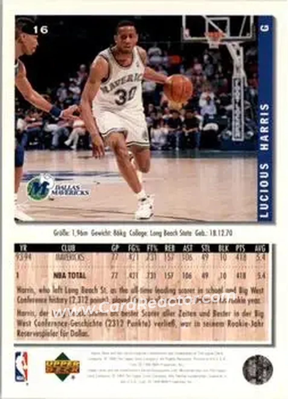 1994-95 Collector's Choice German #16 - Lucious Harris - Dallas Mavericks - Back