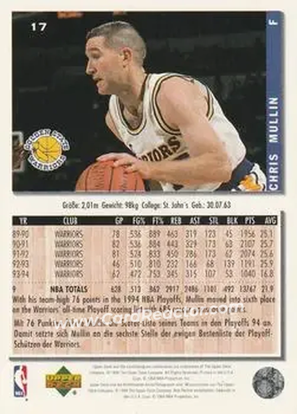 1994-95 Collector's Choice German #17 - Chris Mullin - Golden State Warriors - Back