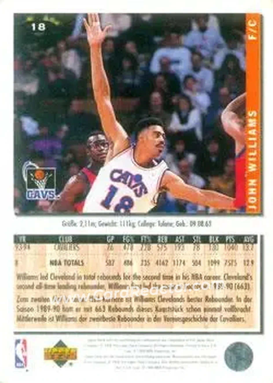 1994-95 Collector's Choice German #18 - John Williams - Cleveland Cavaliers - Back