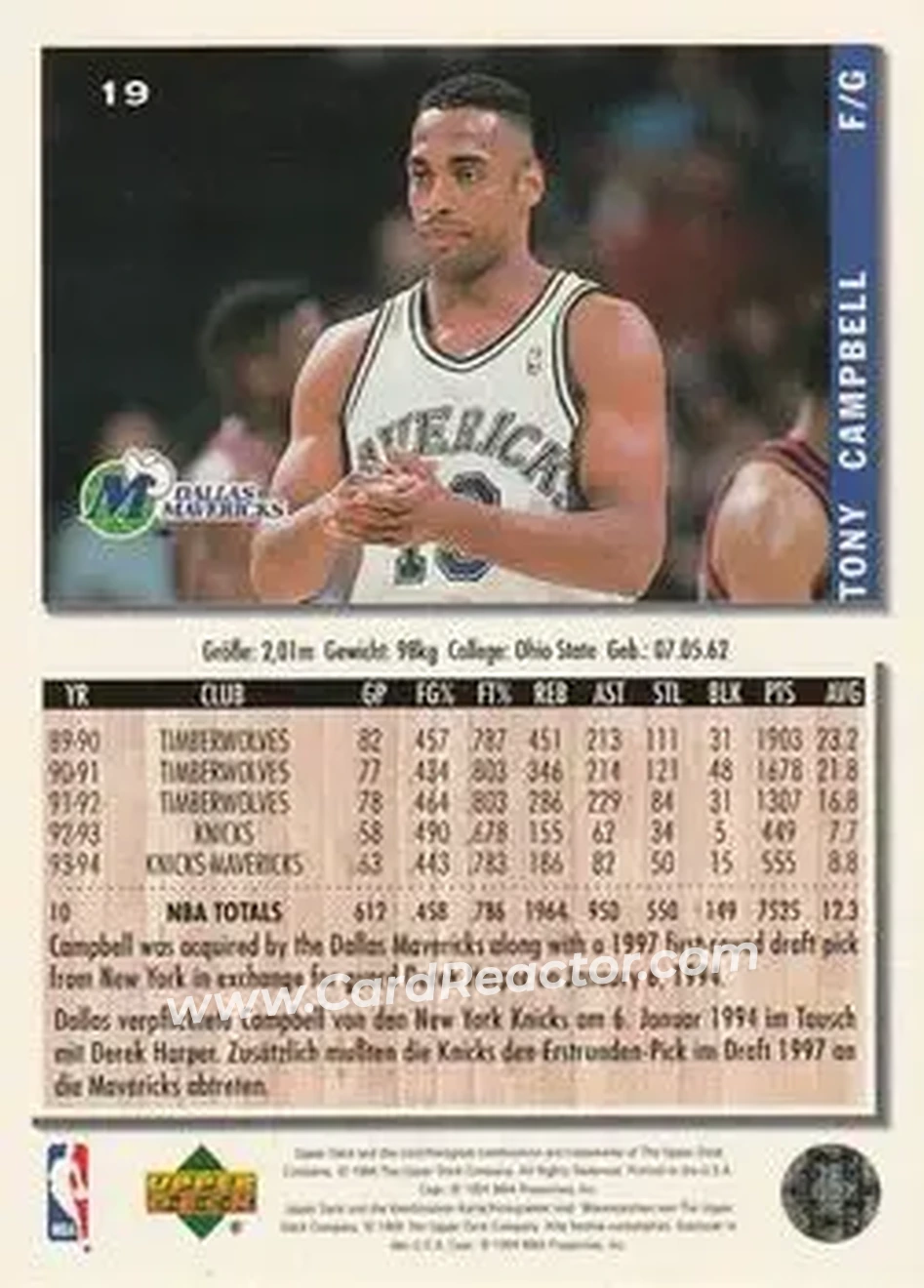 1994-95 Collector's Choice German #19 - Tony Campbell - Dallas Mavericks - Back