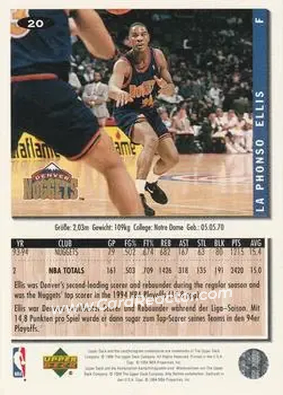 1994-95 Collector's Choice German #20 - LaPhonso Ellis - Denver Nuggets - Back