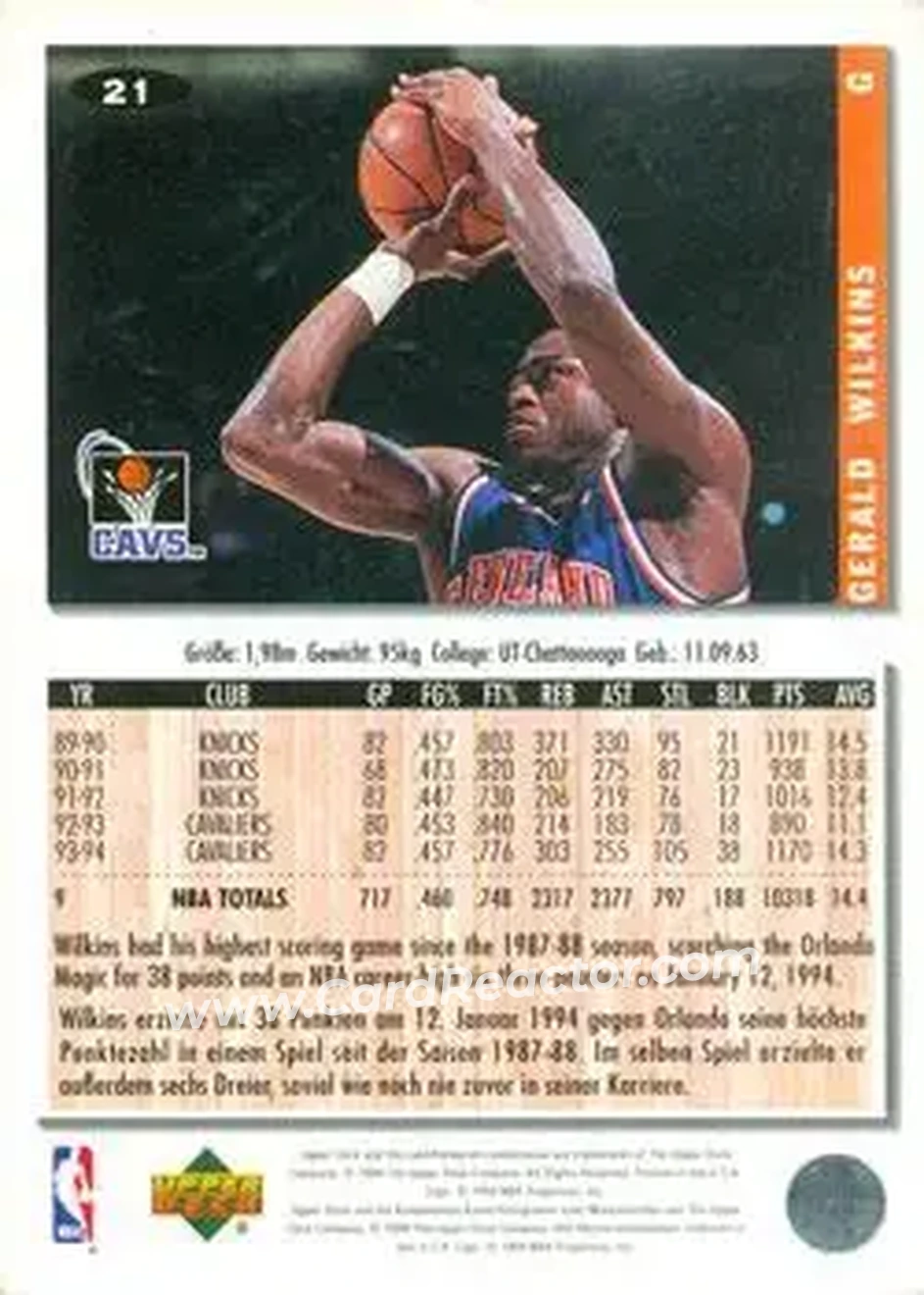 1994-95 Collector's Choice German #21 - Gerald Wilkins - Cleveland Cavaliers - Back
