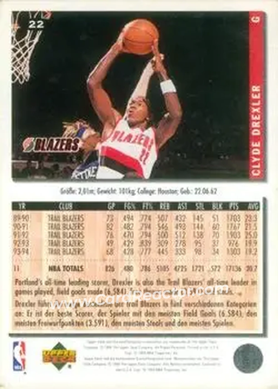 1994-95 Collector's Choice German #22 - Clyde Drexler - Portland Trail Blazers - Back
